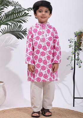 Pink Printed Blended Kurta Set For Boys