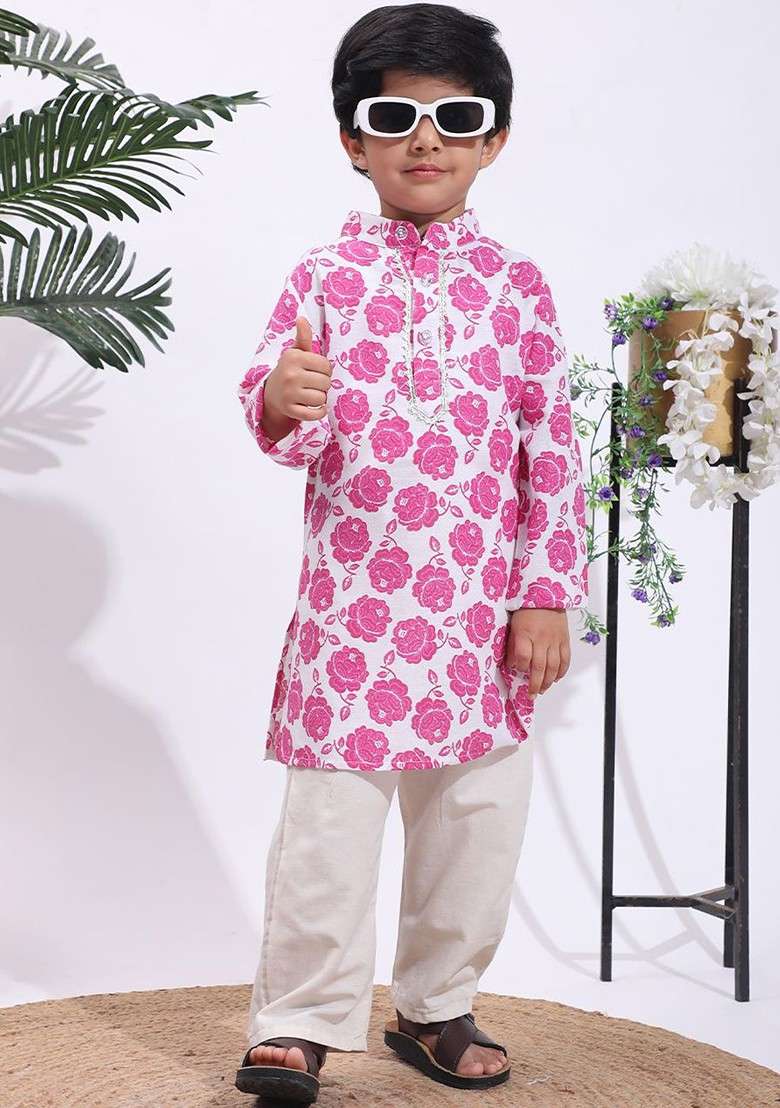 Pink Printed Blended Kurta Set For Boys - Indya