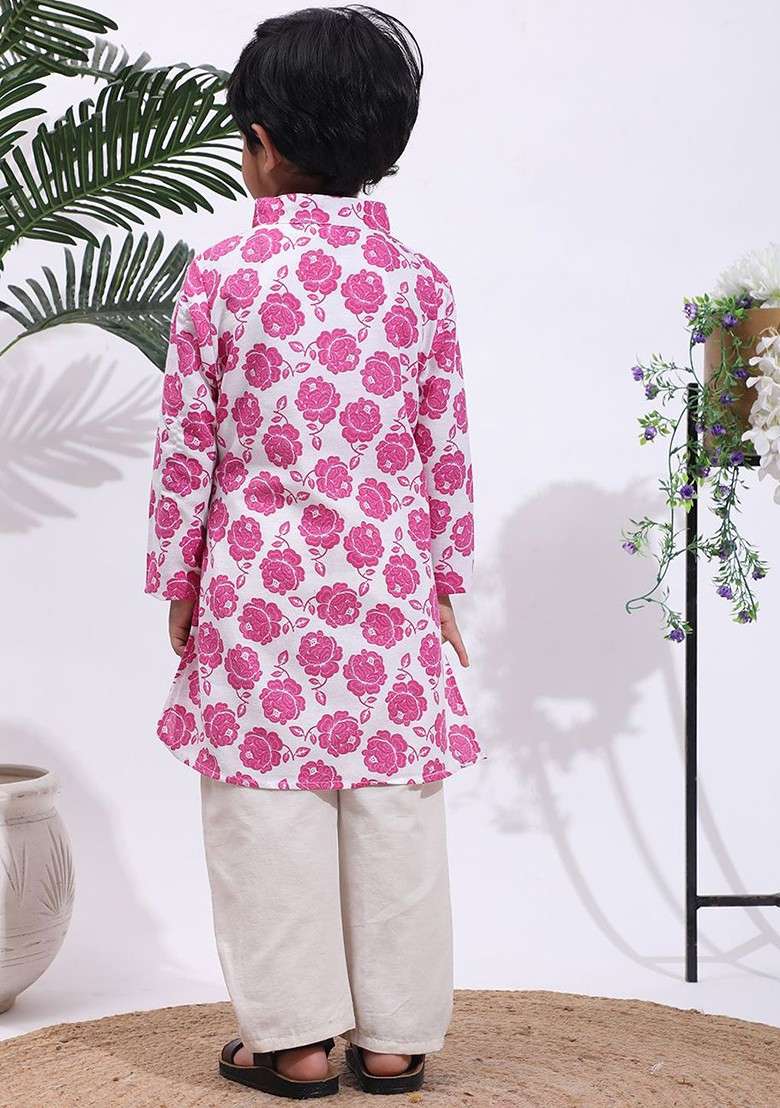 Pink Printed Blended Kurta Set For Boys - Indya
