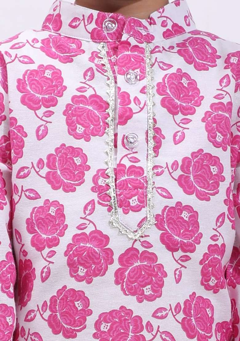 Pink Printed Blended Kurta Set For Boys - Indya
