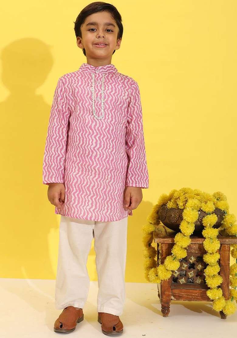 Lavender Printed Blended Kurta Set For Boys - Indya