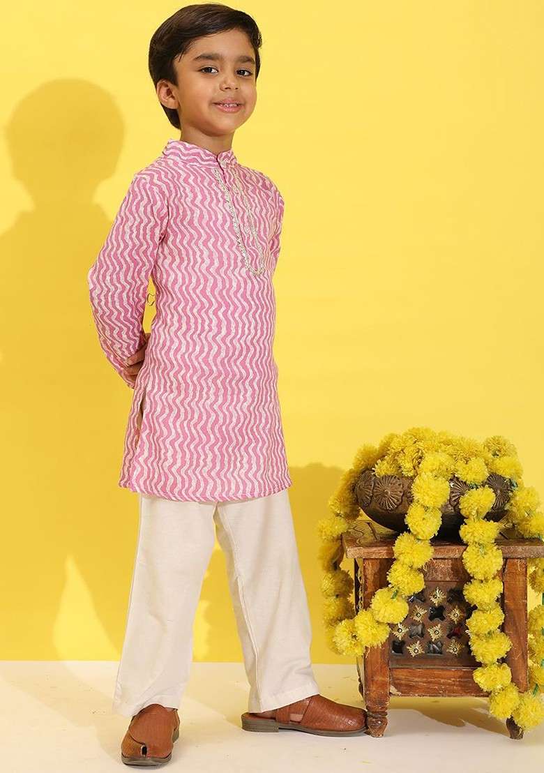 Lavender Printed Blended Kurta Set For Boys - Indya