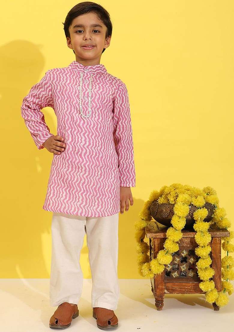 Lavender Printed Blended Kurta Set For Boys - Indya