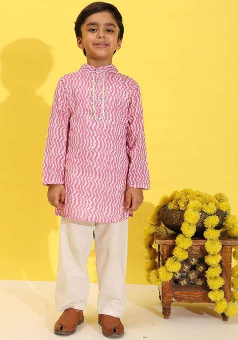 Lavender Printed Blended Kurta Set For Boys