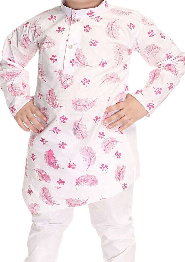 Pink Printed Blended Kurta Set For Boys - Indya