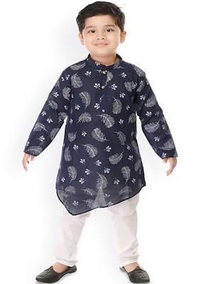 Navy Blue Printed Cotton Kurta Set For Boys