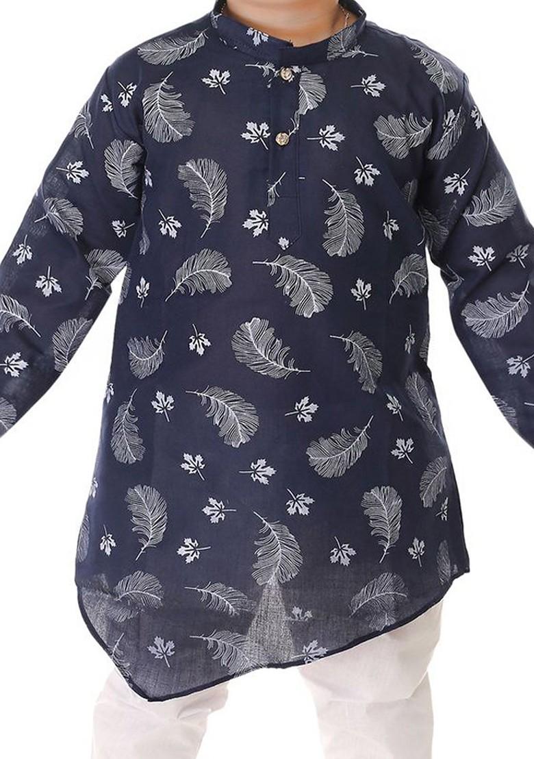Navy Blue Printed Cotton Kurta Set For Boys - Indya