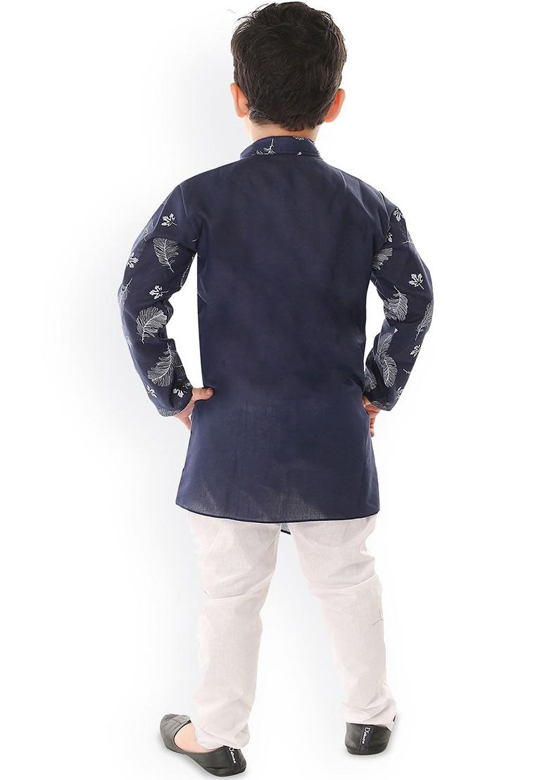 Navy Blue Printed Cotton Kurta Set For Boys - Indya