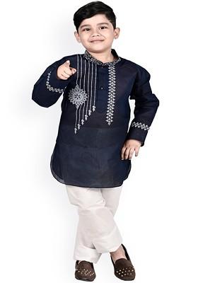 Navy Blue Printed Cotton Kurta Set For Boys