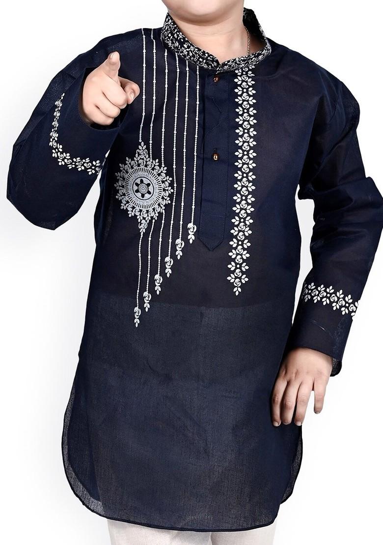 Navy Blue Printed Cotton Kurta Set For Boys - Indya
