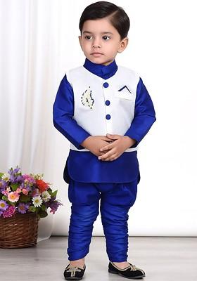 Blue Embroidered Blended Nehru Jacket Set For Boys