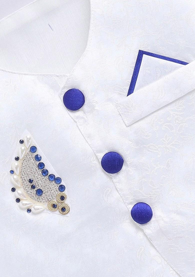 Blue Embroidered Blended Nehru Jacket Set For Boys - Indya