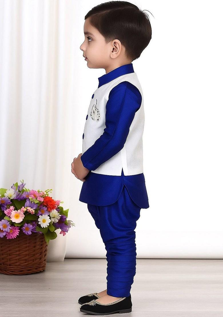 Blue Embroidered Blended Nehru Jacket Set For Boys - Indya