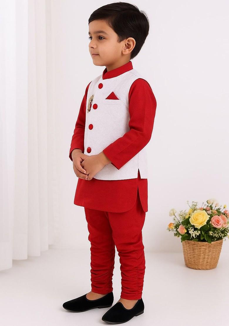 Red Embroidered Blended Nehru Jacket Set For Boys - Indya