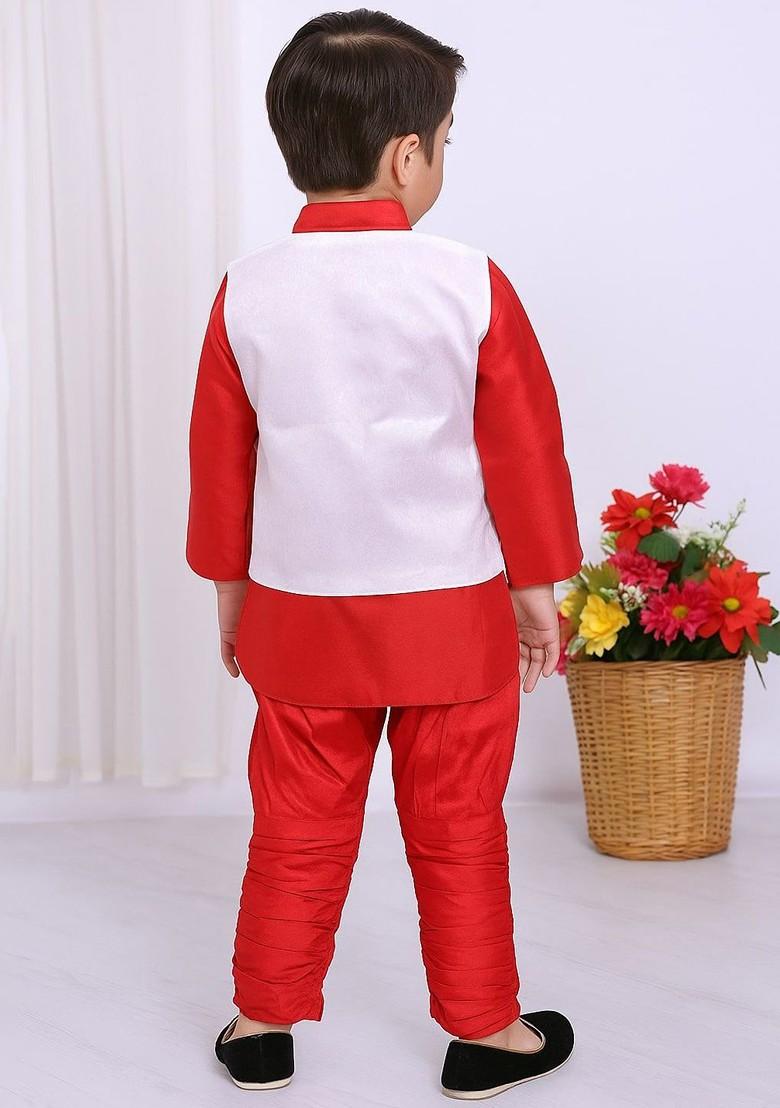 Red Embroidered Blended Nehru Jacket Set For Boys - Indya