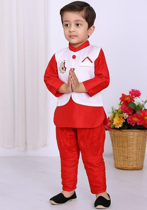 Red Embroidered Blended Nehru Jacket Set For Boys — view on Indya