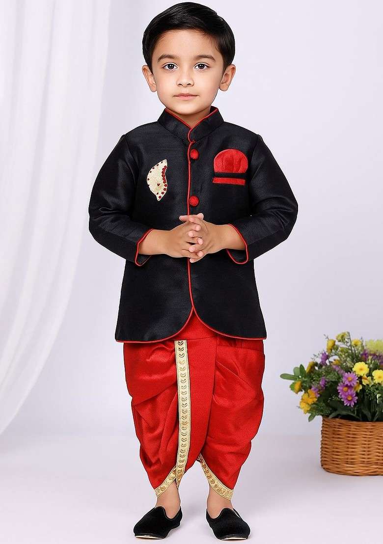 Black Embroidered Blended Kurta Dhoti Set For Boys - Indya