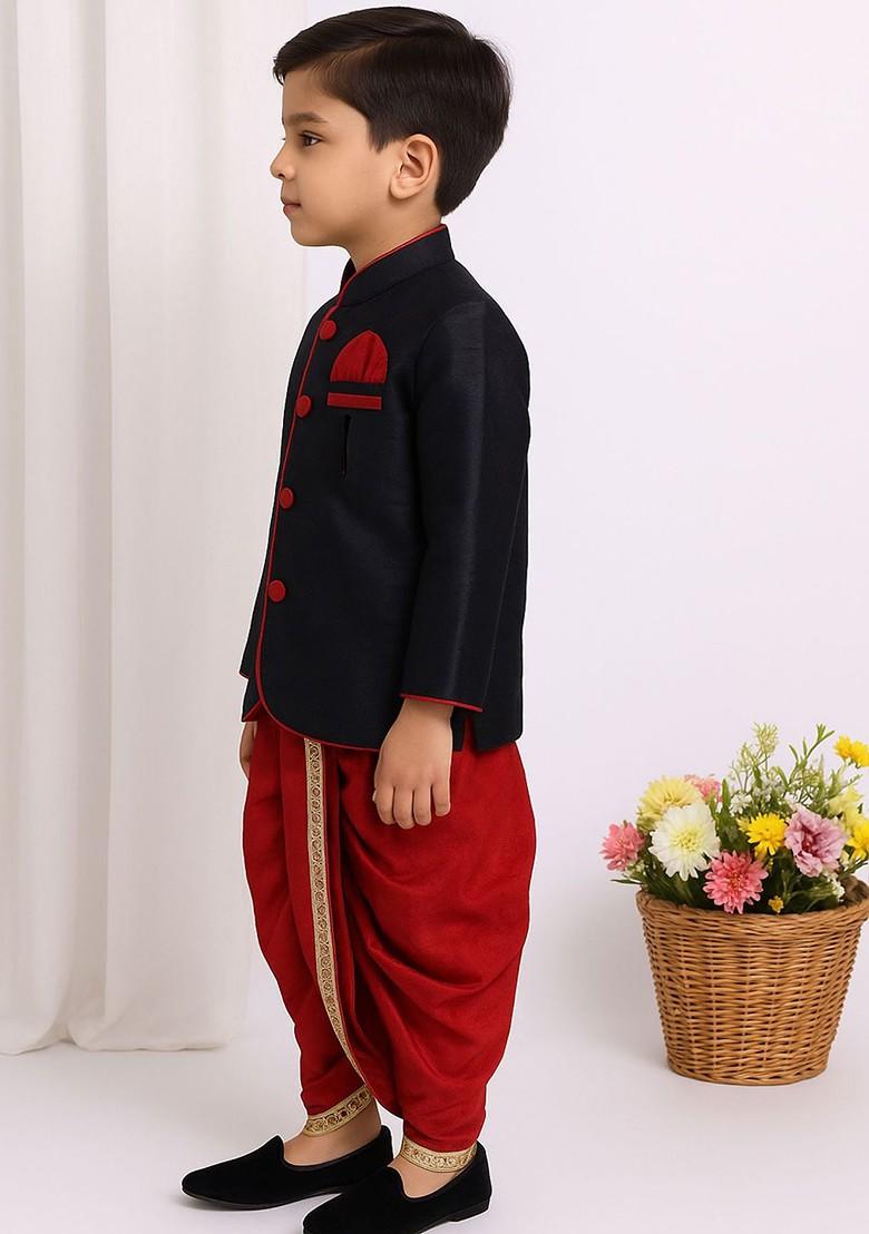 Black Embroidered Blended Kurta Dhoti Set For Boys - Indya
