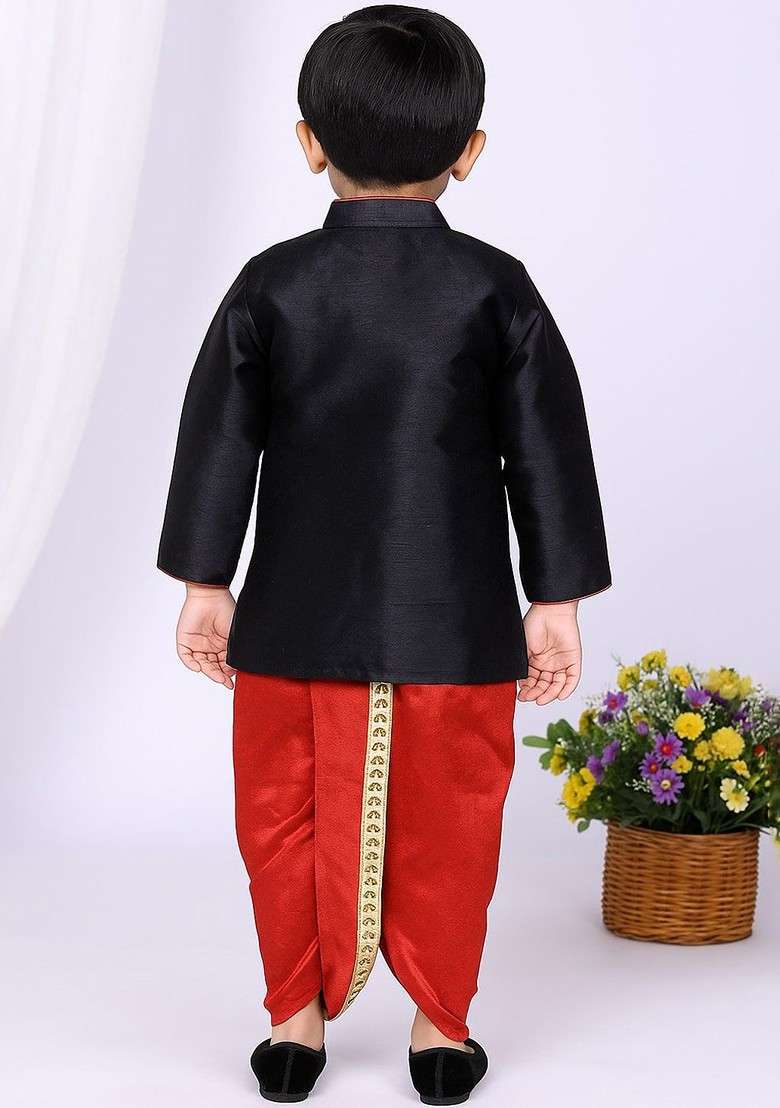 Black Embroidered Blended Kurta Dhoti Set For Boys - Indya