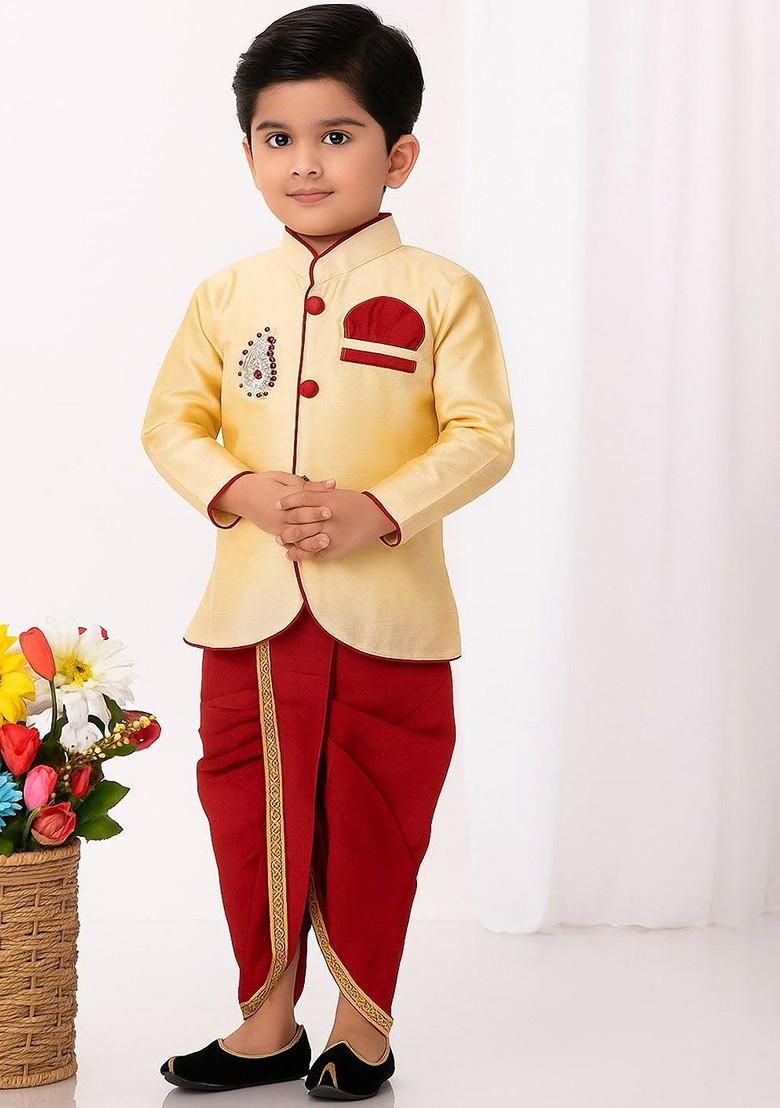 Cream Embroidered Blended Kurta Dhoti Set For Boys - Indya
