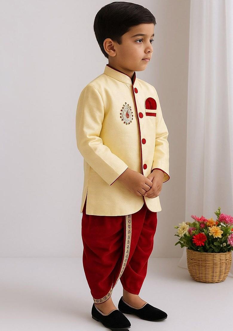 Cream Embroidered Blended Kurta Dhoti Set For Boys - Indya