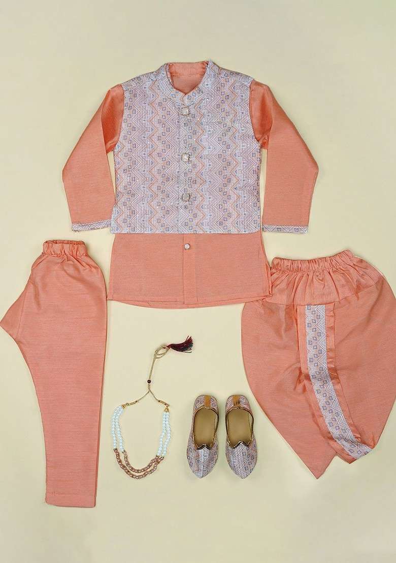 Peach Embroidered Blended Kurta Dhoti Set For Boys - Indya