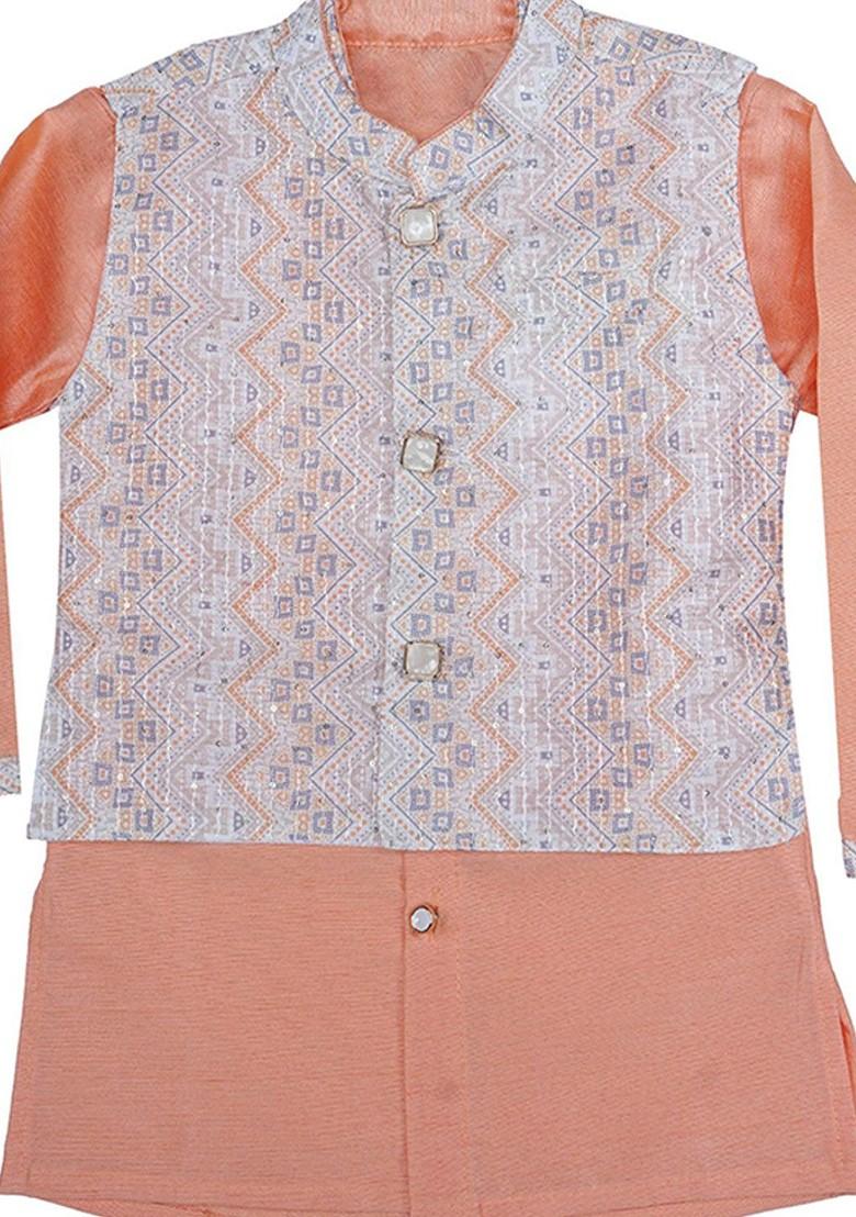 Peach Embroidered Blended Kurta Dhoti Set For Boys - Indya