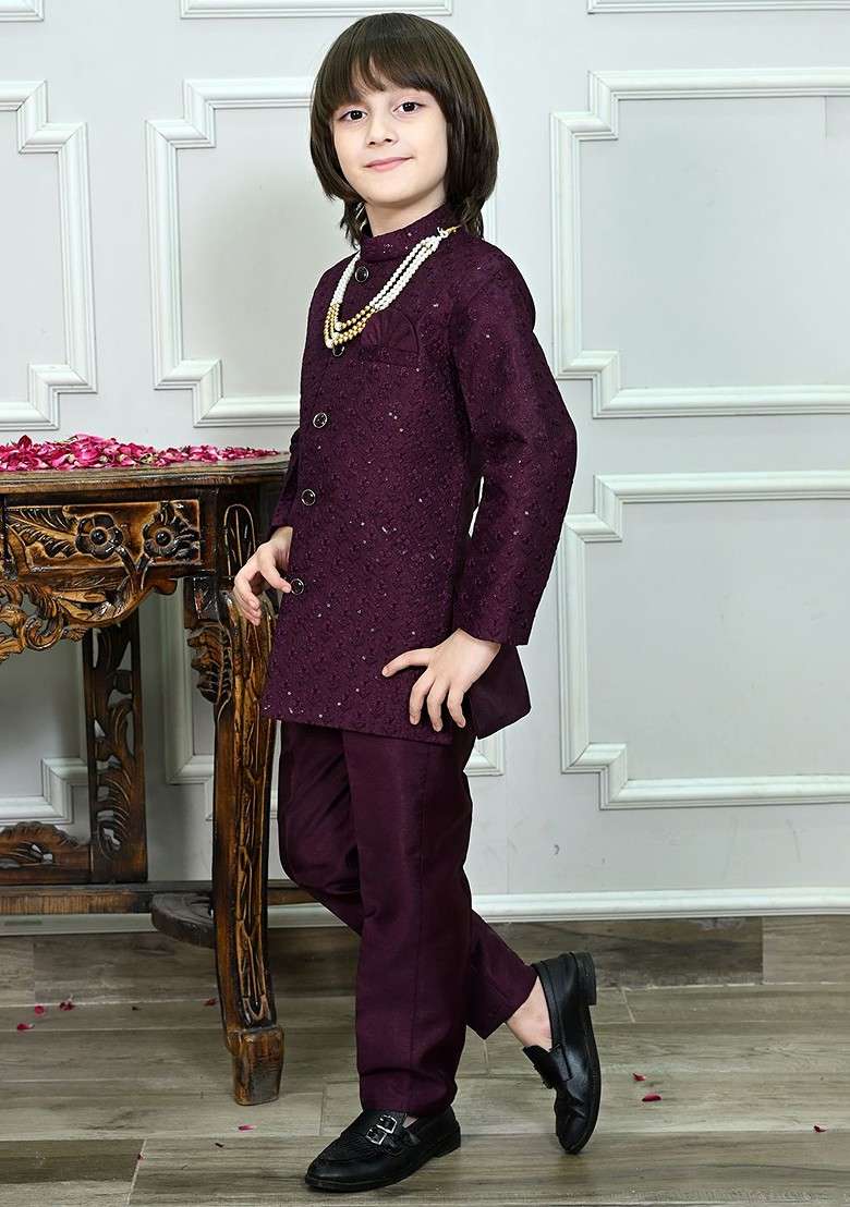 Maroon Self Design Blended Kurta Set For Boys - Indya