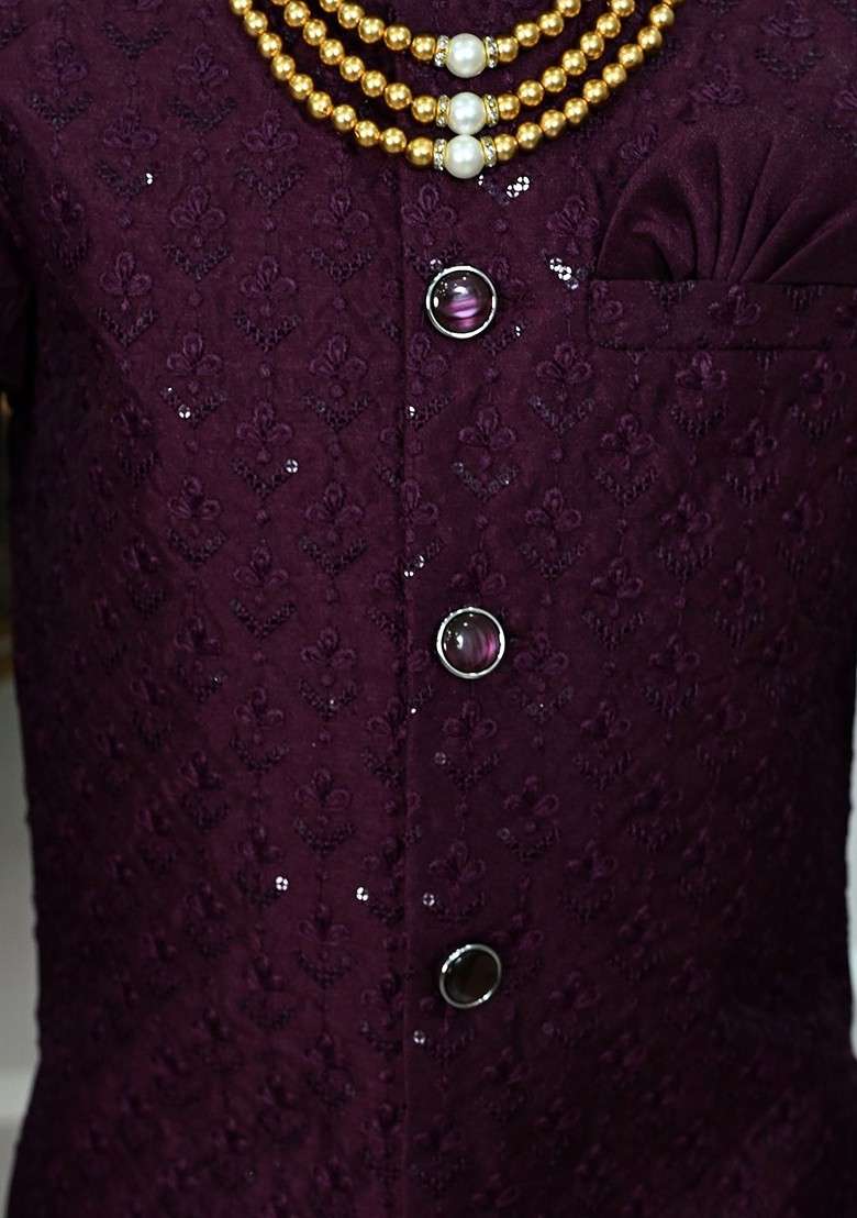 Maroon Self Design Blended Kurta Set For Boys - Indya
