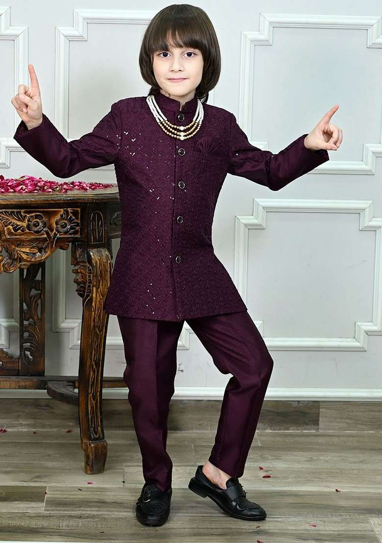 Maroon Self Design Blended Kurta Set For Boys - Indya