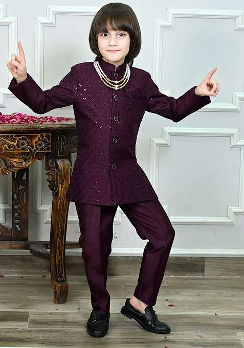 Maroon Self Design Blended Kurta Set For Boys