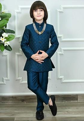 Blue Self Design Blended Kurta Set For Boys