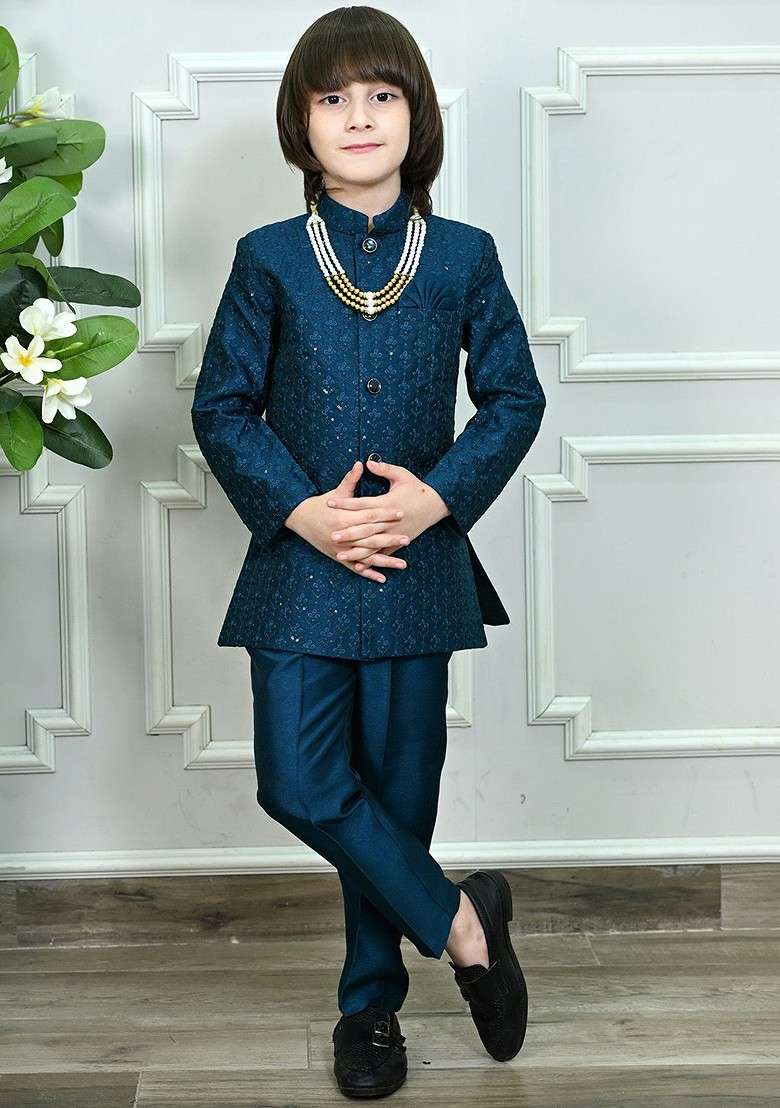 Blue Self Design Blended Kurta Set For Boys - Indya