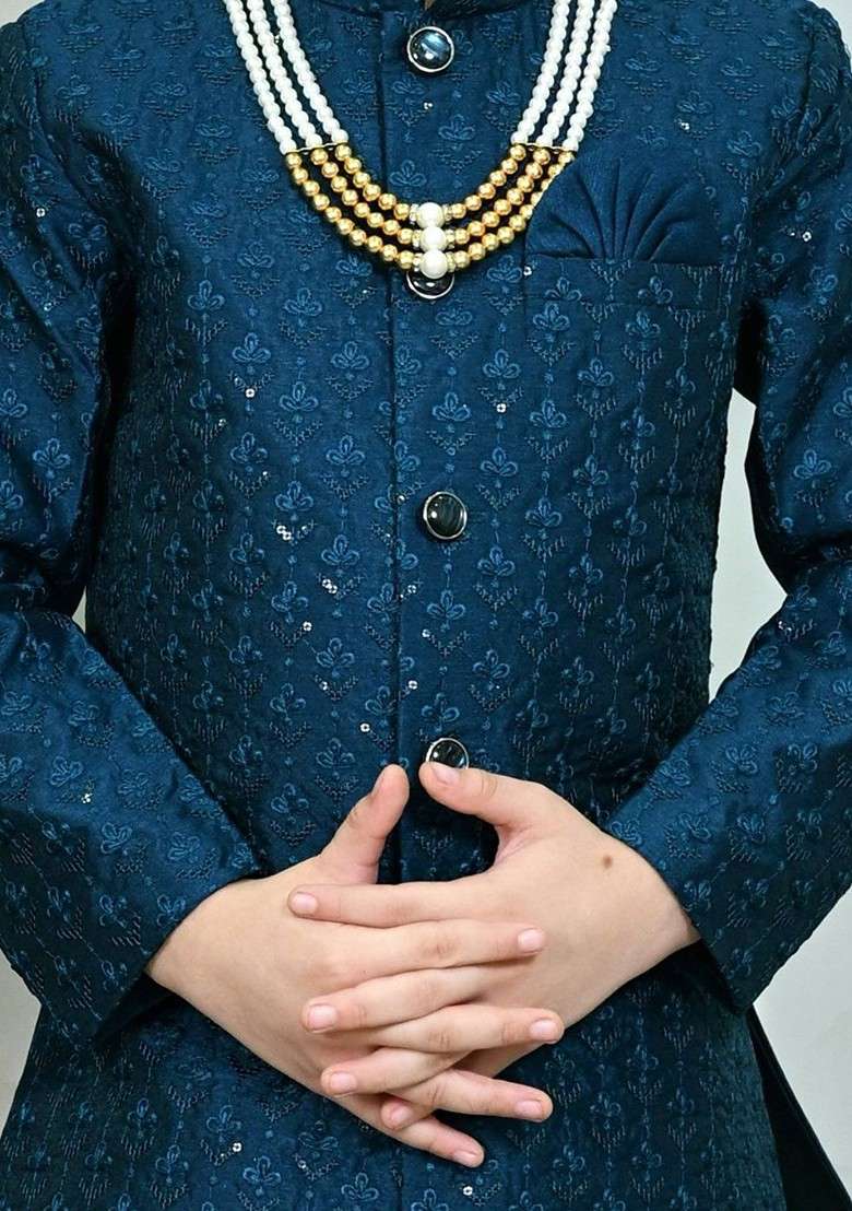 Blue Self Design Blended Kurta Set For Boys - Indya