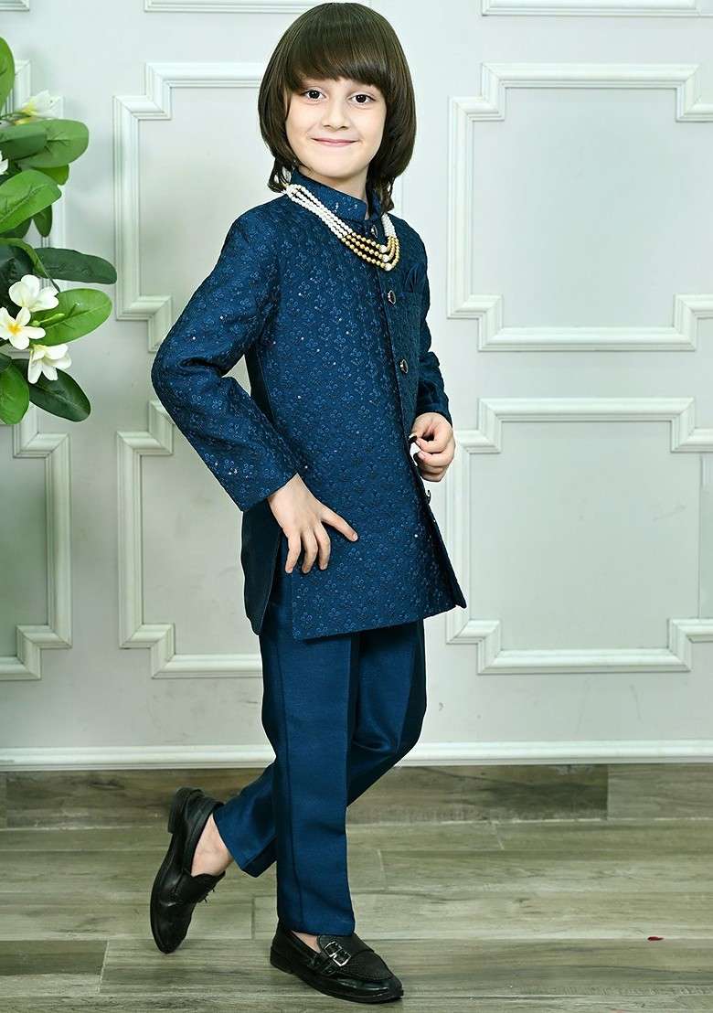 Blue Self Design Blended Kurta Set For Boys - Indya