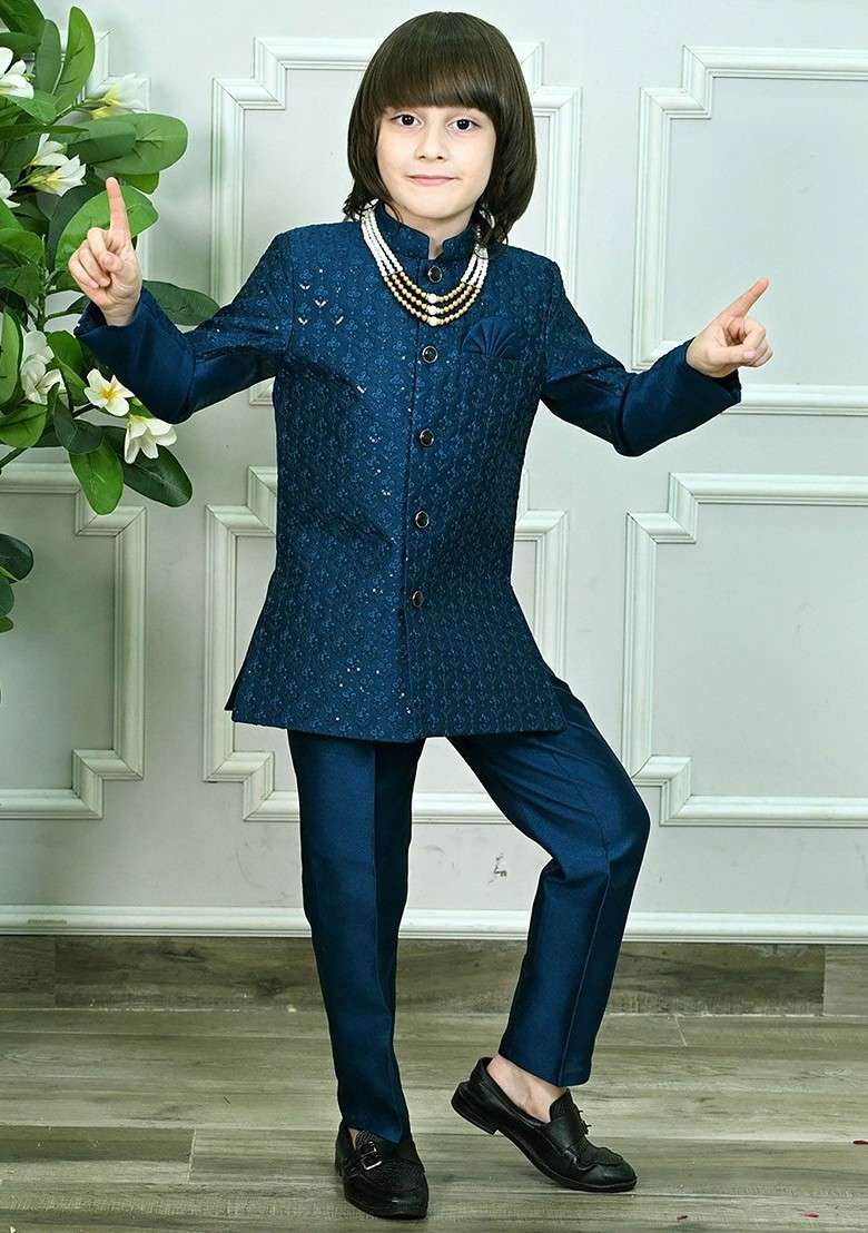 Blue Self Design Blended Kurta Set For Boys - Indya