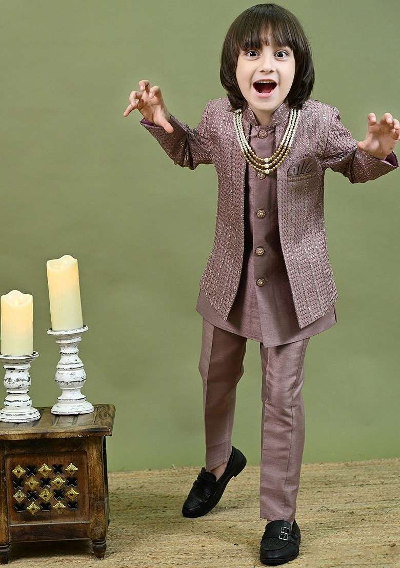 Pink Sequinned Blended Kurta Set For Boys - Indya