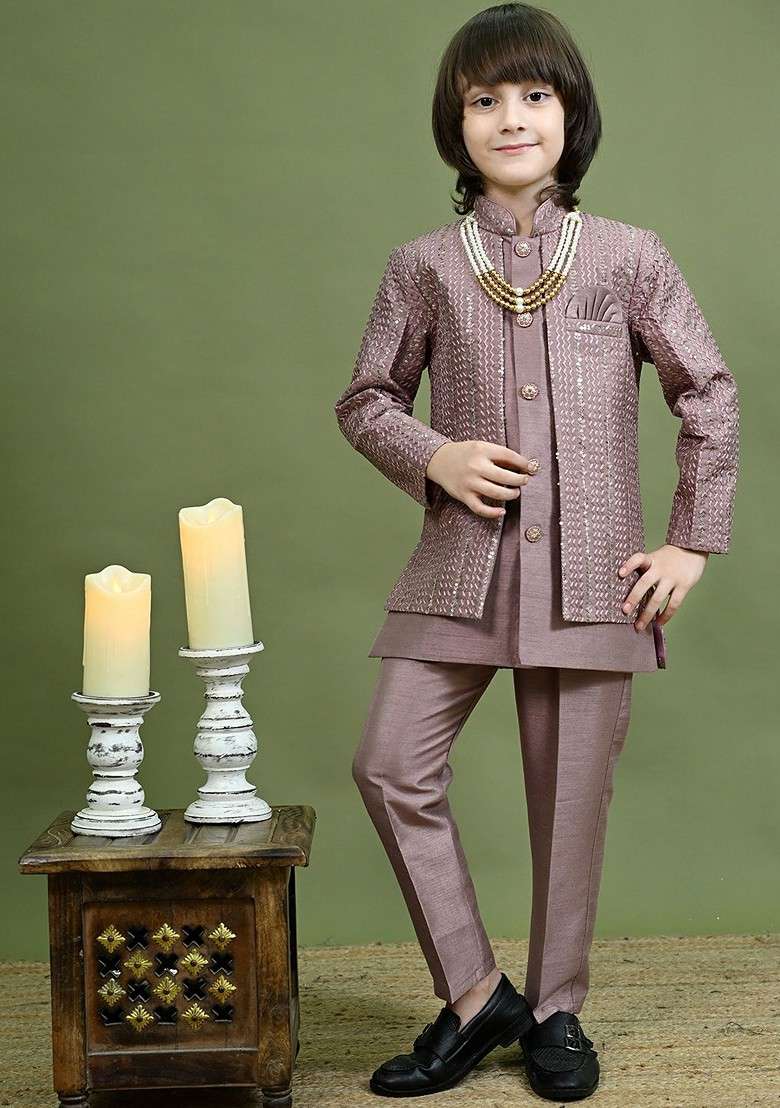 Pink Sequinned Blended Kurta Set For Boys - Indya