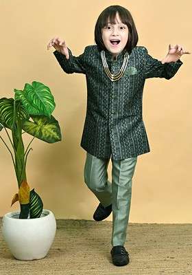 Green Printed Blended Kurta Set For Boys
