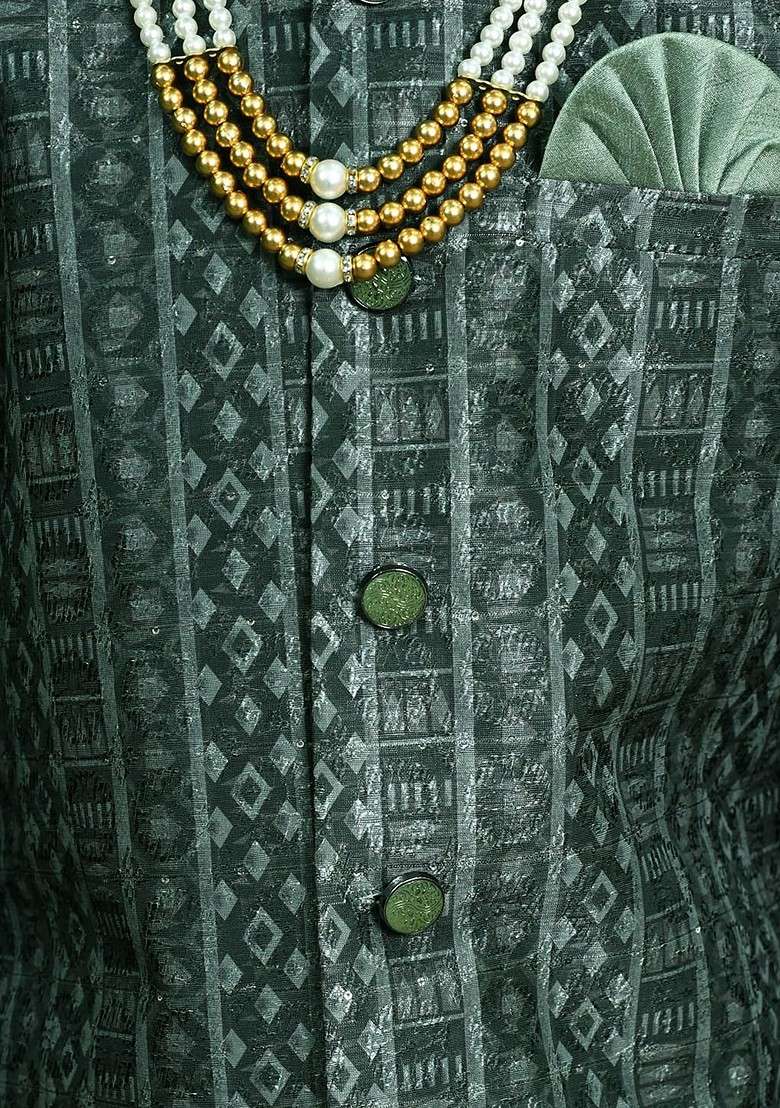 Green Printed Blended Kurta Set For Boys - Indya