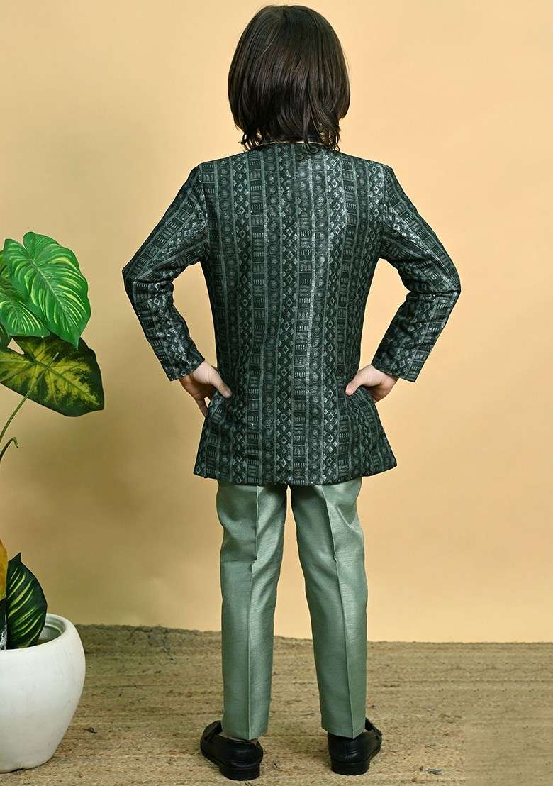 Green Printed Blended Kurta Set For Boys - Indya