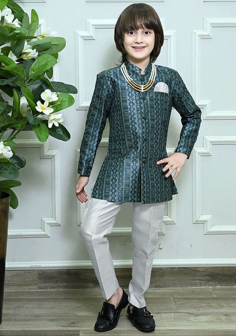 Grey Woven Design Blended Kurta Set For Boys - Indya