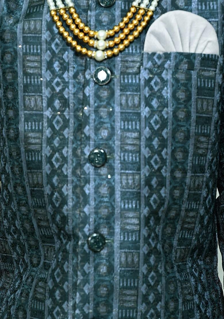 Grey Woven Design Blended Kurta Set For Boys - Indya