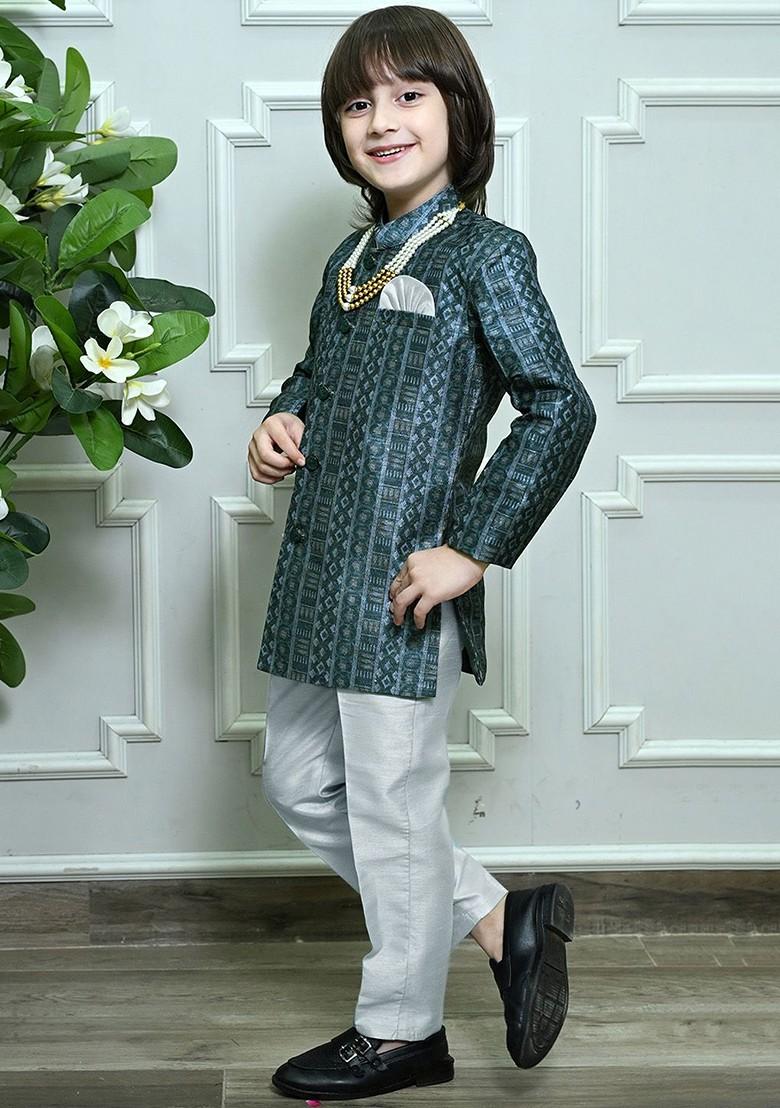 Grey Woven Design Blended Kurta Set For Boys - Indya