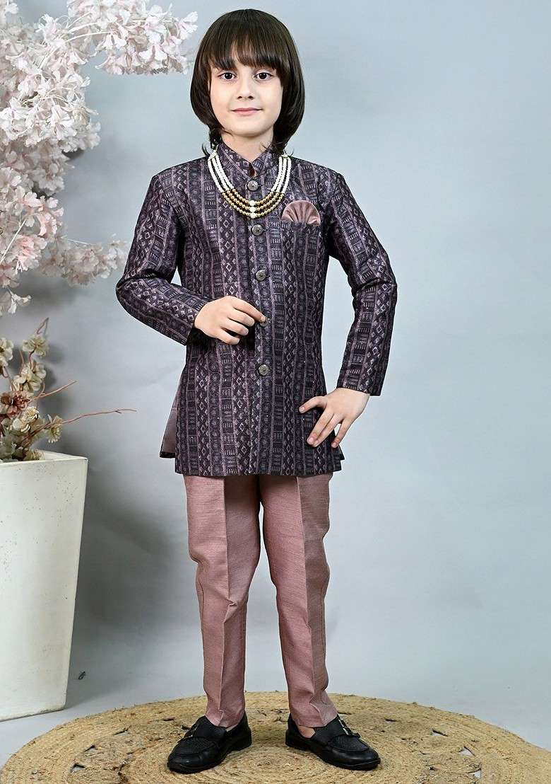 Pink Woven Design Blended Kurta Set For Boys - Indya