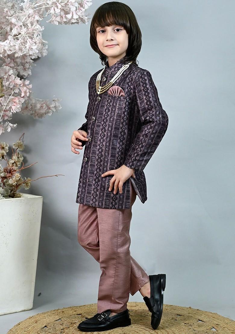 Pink Woven Design Blended Kurta Set For Boys - Indya