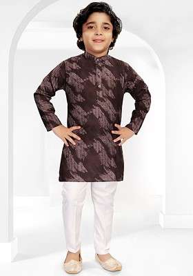Brown Printed Blended Kurta Set For Boys