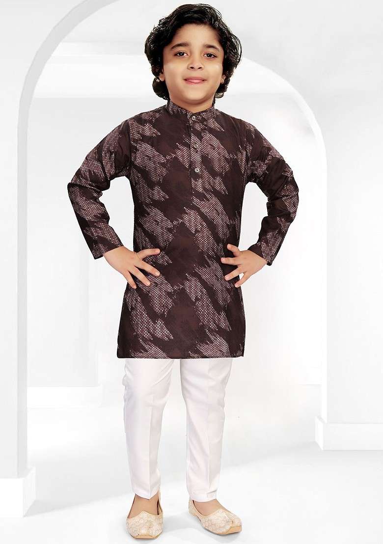 Brown Printed Blended Kurta Set For Boys - Indya
