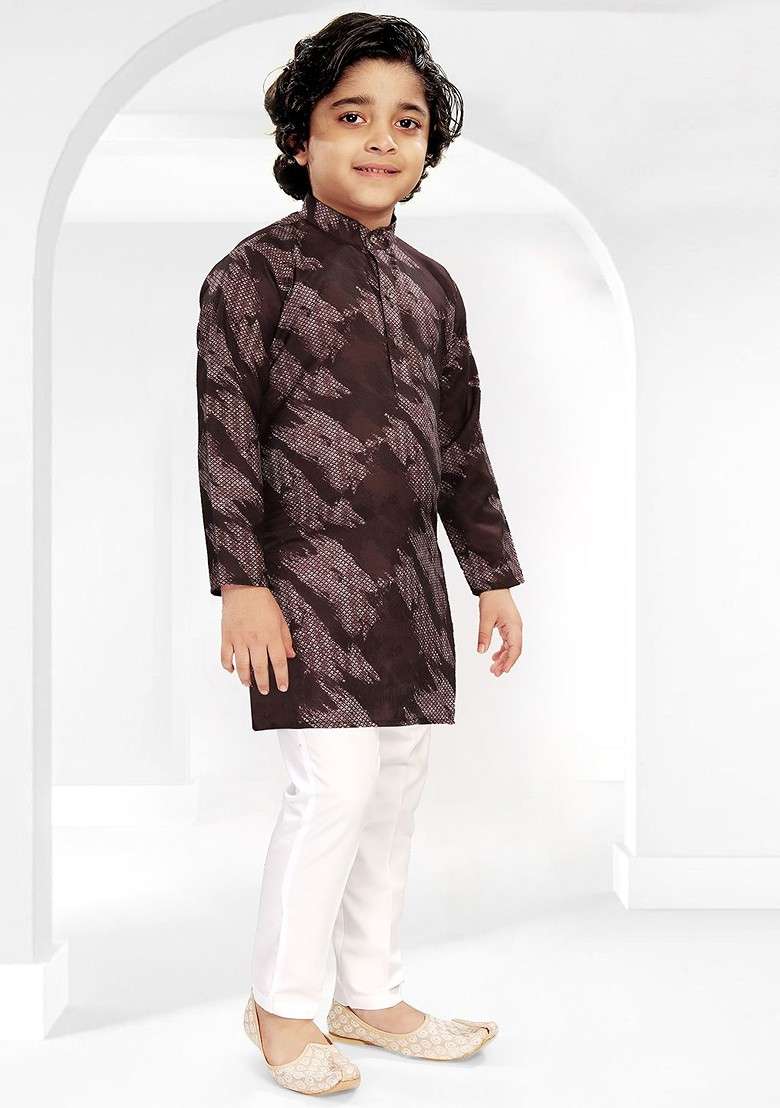 Brown Printed Blended Kurta Set For Boys - Indya