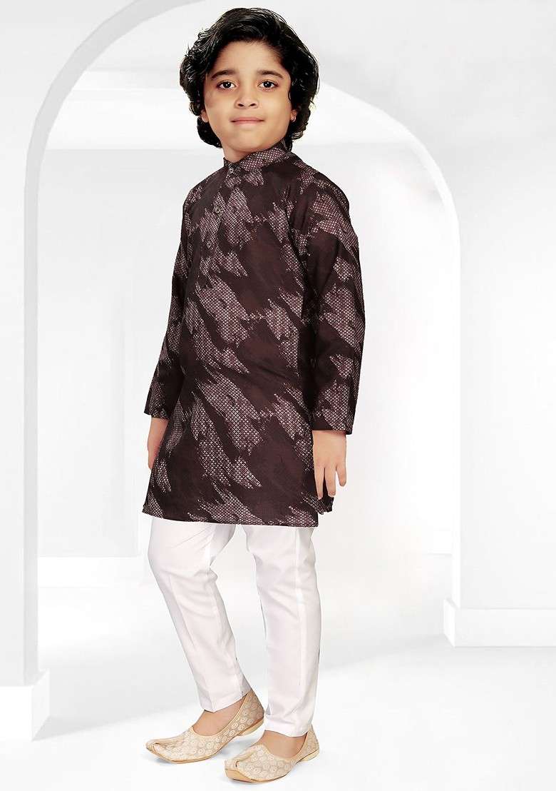Brown Printed Blended Kurta Set For Boys - Indya